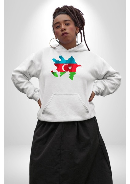 Azerbaycan Haritası Bayrak Tasarımı Erkek Kadın Beyaz Dijital Baskılı Kapüşonlu Sweatshirt Hoodie fiyatları
