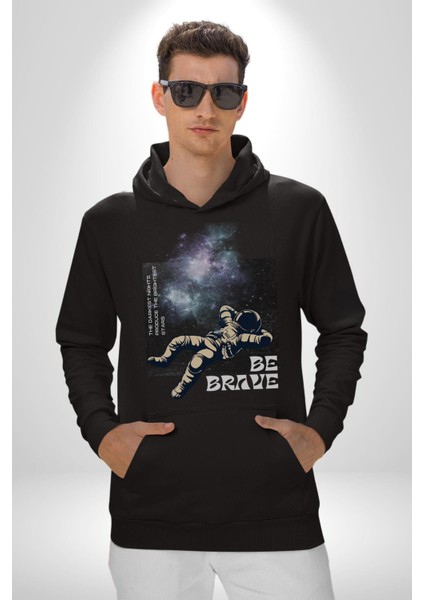 Astronot Cesur Ol Erkek Kadın Siyah Dijital Baskılı Kapüşonlu Sweatshirt Hoodie