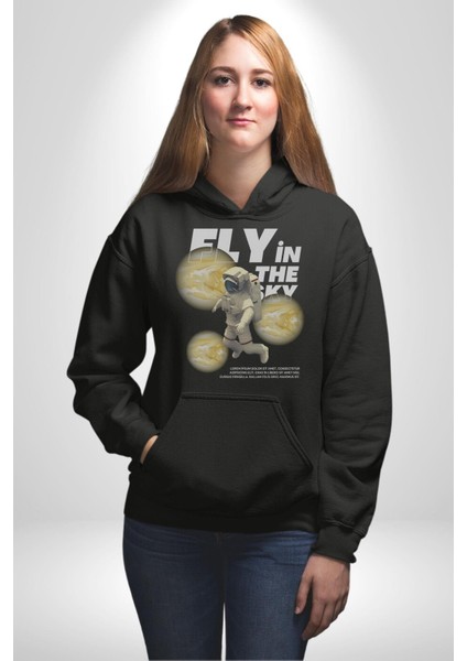 Gökyüzünde Uçmak Astronot Erkek Kadın Siyah Dijital Baskılı Kapüşonlu Sweatshirt Hoodie