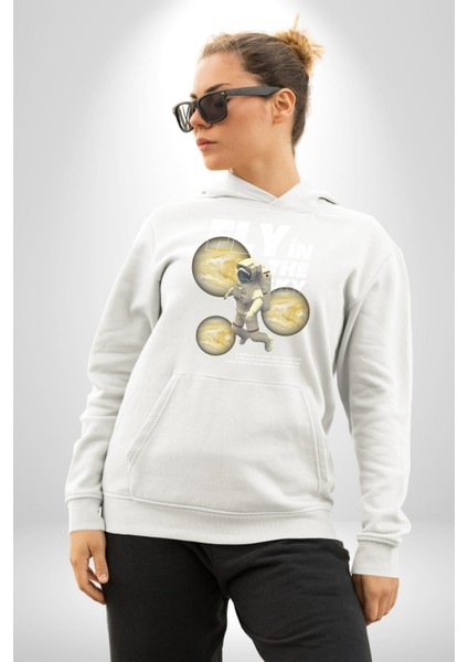 Gökyüzünde Uçmak Astronot Erkek Kadın Beyaz Dijital Baskılı Kapüşonlu Sweatshirt Hoodie