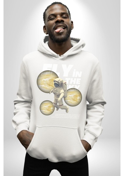Gökyüzünde Uçmak Astronot Erkek Kadın Beyaz Dijital Baskılı Kapüşonlu Sweatshirt Hoodie fiyatları