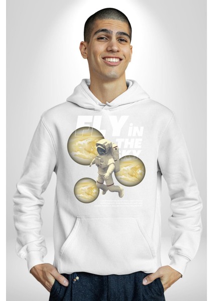 Gökyüzünde Uçmak Astronot Erkek Kadın Beyaz Dijital Baskılı Kapüşonlu Sweatshirt Hoodie modelleri
