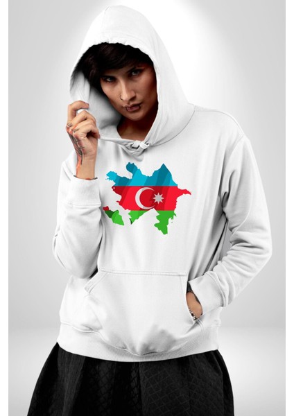 Azerbaycan Haritası Bayrak Tasarımı Erkek Kadın Beyaz Dijital Baskılı Kapüşonlu Sweatshirt Hoodie fırsatları