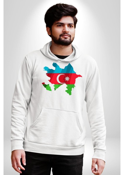 Azerbaycan Haritası Bayrak Tasarımı Erkek Kadın Beyaz Dijital Baskılı Kapüşonlu Sweatshirt Hoodie indirimleri