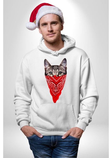 Maske Gangester Kedi Erkek Kadın Beyaz Dijital Baskılı Kapüşonlu Sweatshirt Hoodie