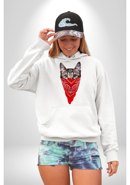 Maske Gangester Kedi Erkek Kadın Beyaz Dijital Baskılı Kapüşonlu Sweatshirt Hoodie fırsatları