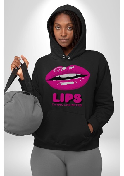 Lips Ruj Pembe Dudak Sınırsız Düşün Erkek Kadın Siyah Dijital Baskılı Kapüşonlu Sweatshirt Hoodie indirimleri