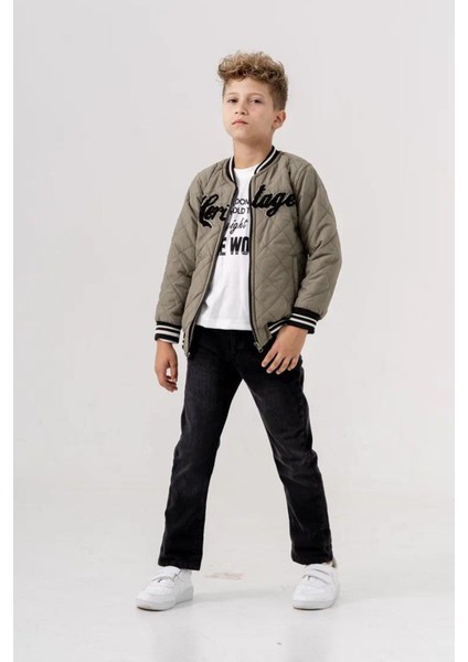 (5-8 Yaş) Kolej Yaka Ceketli Erkek Çocuk Kapitone Montlu 3 lü takım - Yeşil fiyatları