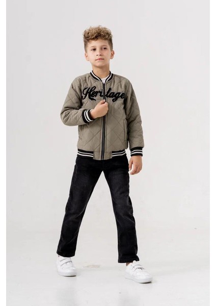 (5-8 Yaş) Kolej Yaka Ceketli Erkek Çocuk Kapitone Montlu 3 lü takım - Yeşil modelleri