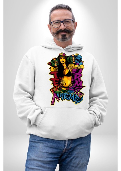 Kayakcı Kız Erkek Kadın Beyaz Dijital Baskılı Kapüşonlu Sweatshirt Hoodie fiyatları