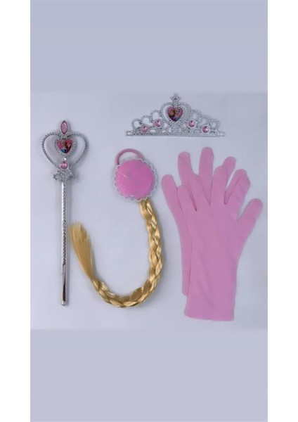 Kız Çocuk Pembe Taç Asa Saç Eldiven Elsa Aksesuar Seti
