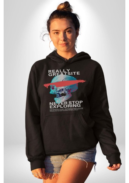Gerçekten Harika Keşfetmeyi Bırakma Erkek Kadın Siyah Dijital Baskılı Kapüşonlu Sweatshirt Hoodie
