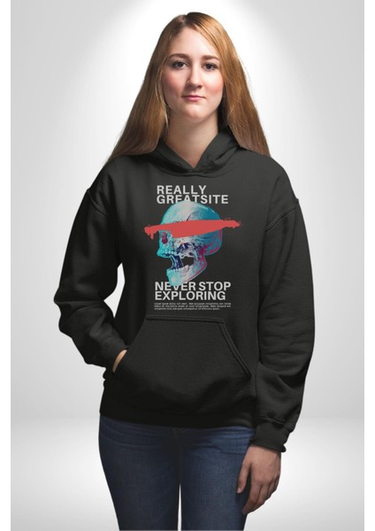Gerçekten Harika Keşfetmeyi Bırakma Erkek Kadın Siyah Dijital Baskılı Kapüşonlu Sweatshirt Hoodie fiyatları