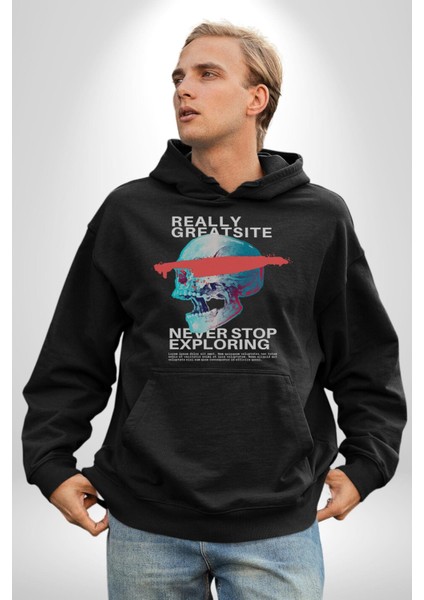 Gerçekten Harika Keşfetmeyi Bırakma Erkek Kadın Siyah Dijital Baskılı Kapüşonlu Sweatshirt Hoodie indirimleri