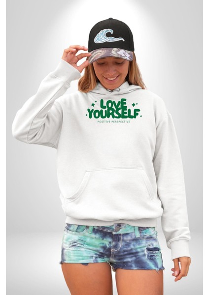 Sev Kendini Olumlu Bakış Açısı Yazılı Erkek Kadın Beyaz Dijital Baskılı Kapüşonlu Sweatshirt Hoodie