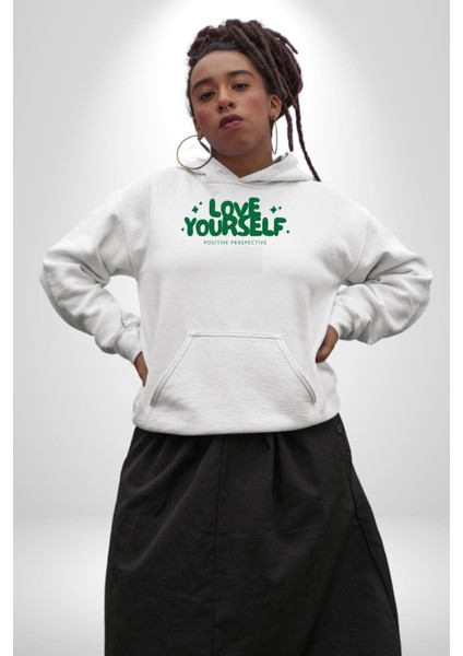Sev Kendini Olumlu Bakış Açısı Yazılı Erkek Kadın Beyaz Dijital Baskılı Kapüşonlu Sweatshirt Hoodie fiyatları