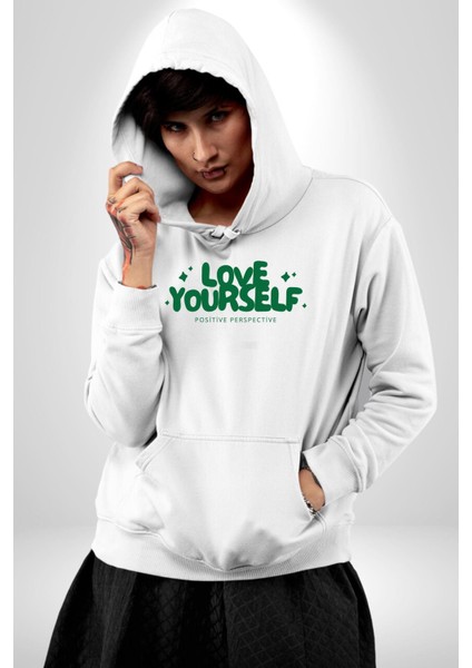 Sev Kendini Olumlu Bakış Açısı Yazılı Erkek Kadın Beyaz Dijital Baskılı Kapüşonlu Sweatshirt Hoodie fırsatları