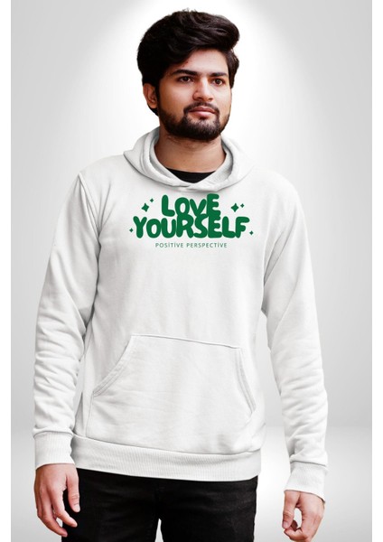 Sev Kendini Olumlu Bakış Açısı Yazılı Erkek Kadın Beyaz Dijital Baskılı Kapüşonlu Sweatshirt Hoodie indirimleri
