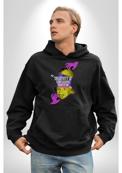 Einstein Retro Dil Çıkarma Devam Ettir Erkek Kadın Siyah Dijital Baskılı Kapüşonlu Sweatshirt Hoodie