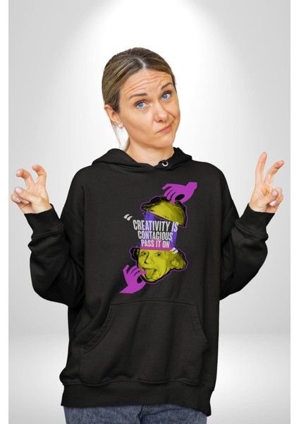 Einstein Retro Dil Çıkarma Devam Ettir Erkek Kadın Siyah Dijital Baskılı Kapüşonlu Sweatshirt Hoodie