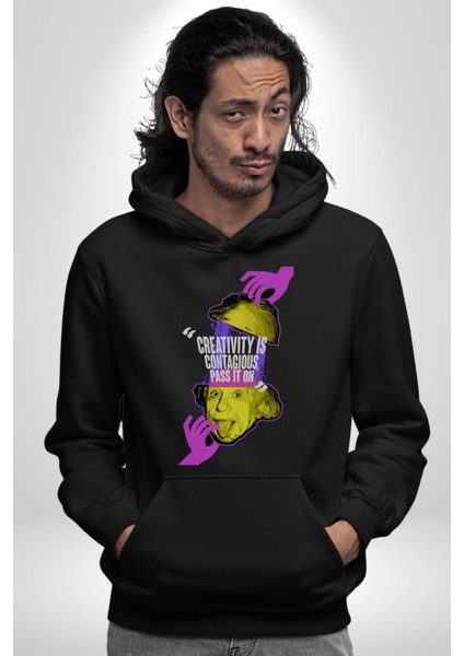 Einstein Retro Dil Çıkarma Devam Ettir Erkek Kadın Siyah Dijital Baskılı Kapüşonlu Sweatshirt Hoodie