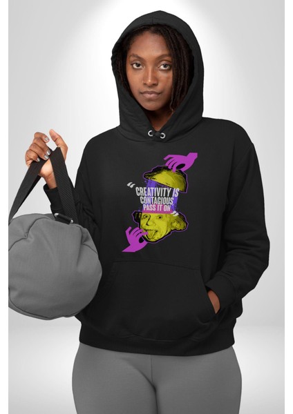 Einstein Retro Dil Çıkarma Devam Ettir Erkek Kadın Siyah Dijital Baskılı Kapüşonlu Sweatshirt Hoodie