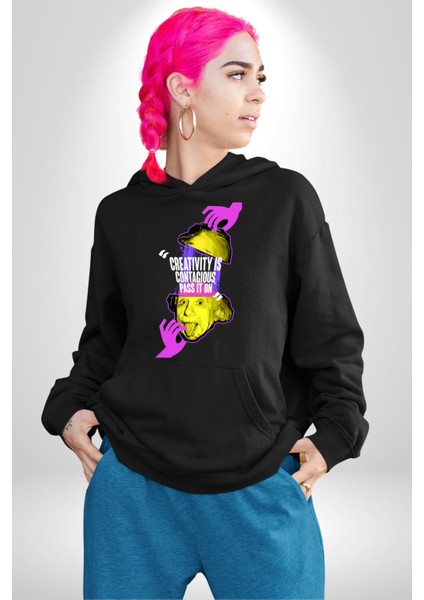 Einstein Retro Dil Çıkarma Devam Ettir Erkek Kadın Siyah Dijital Baskılı Kapüşonlu Sweatshirt Hoodie