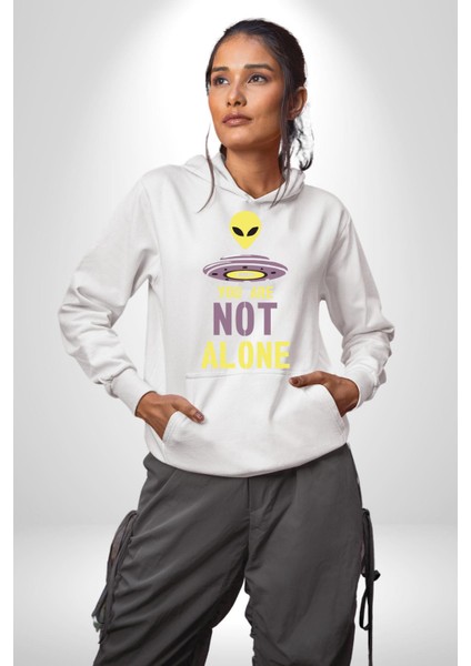 Uzaylı Yalnız Değiliz Ufo Erkek Kadın Beyaz Dijital Baskılı Kapüşonlu Sweatshirt Hoodie fiyatları