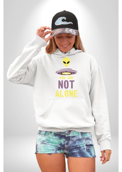 Uzaylı Yalnız Değiliz Ufo Erkek Kadın Beyaz Dijital Baskılı Kapüşonlu Sweatshirt Hoodie fırsatları