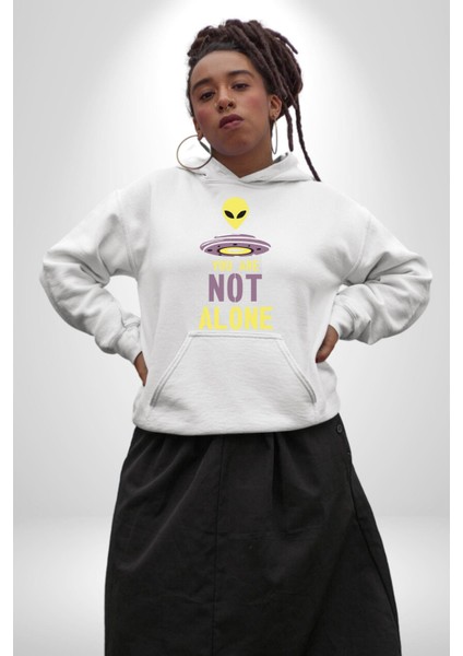 Uzaylı Yalnız Değiliz Ufo Erkek Kadın Beyaz Dijital Baskılı Kapüşonlu Sweatshirt Hoodie indirimleri