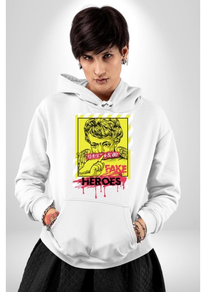 Aşk Meleği Sahte Melek Sus Erkek Kadın Beyaz Dijital Baskılı Kapüşonlu Sweatshirt Hoodie