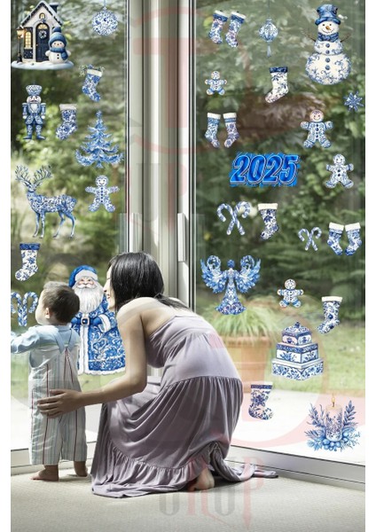 Yeni Yıl Mavi Sevimli Yılbaşı Figürleri Hoşgeldin 2025 Yeni Sezon Cam Kapı Duvar Sticker Seti