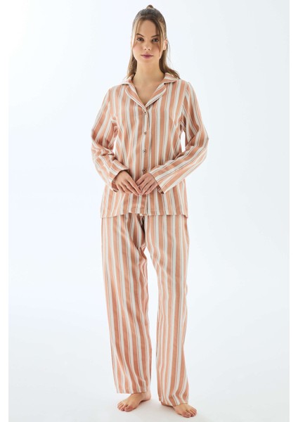 11498 Kadın Viscose Çizgili Gömlek Pantolon Pijama Takımı