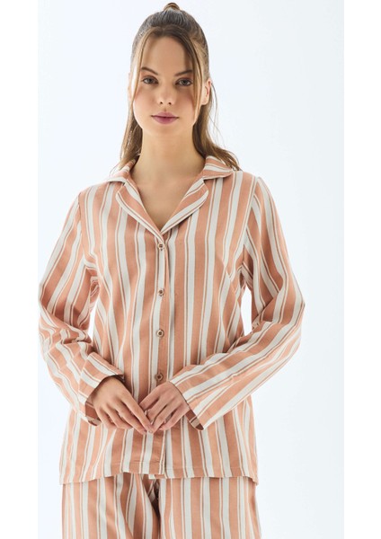 11498 Kadın Viscose Çizgili Gömlek Pantolon Pijama Takımı modelleri