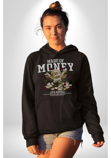 Aşk Meleği Para Kazandım Hayat Tavsiyesi Erkek Kadın Siyah Dijital Baskılı Kapüşonlu Sweatshirt Hoodie