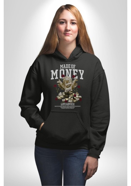 Aşk Meleği Para Kazandım Hayat Tavsiyesi Erkek Kadın Siyah Dijital Baskılı Kapüşonlu Sweatshirt Hoodie