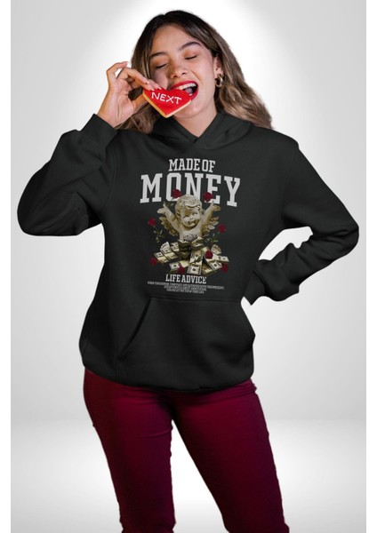 Aşk Meleği Para Kazandım Hayat Tavsiyesi Erkek Kadın Siyah Dijital Baskılı Kapüşonlu Sweatshirt Hoodie