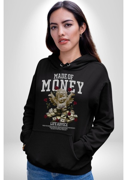 Aşk Meleği Para Kazandım Hayat Tavsiyesi Erkek Kadın Siyah Dijital Baskılı Kapüşonlu Sweatshirt Hoodie