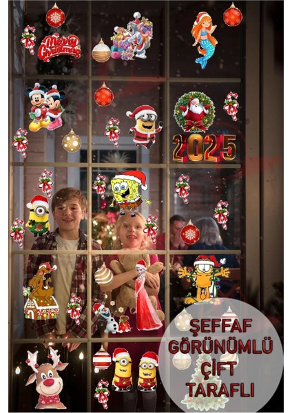 Yeni Yıl Yılbaşı Hoşgeldin 2025 Yeni Sezon Şeffaf Çift Taraflı 41 Parça Cam Kapı Duvar Sticker Seti