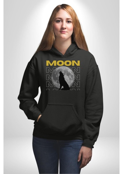 Ay Dolunay Uluyan Kurt Erkek Kadın Siyah Dijital Baskılı Kapüşonlu Sweatshirt Hoodie