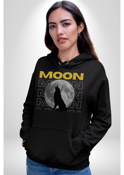 Ay Dolunay Uluyan Kurt Erkek Kadın Siyah Dijital Baskılı Kapüşonlu Sweatshirt Hoodie fırsatları