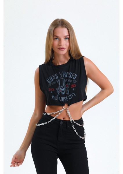Guns N' Roses Zincir Detayla Crop Top Atlet