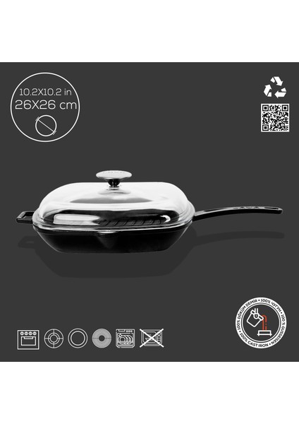 Döküm Kare Izgara Tava Cam Kapaklı Döküm Demir Yekpare Saplı Ölçü 26X26CM. fırsatları