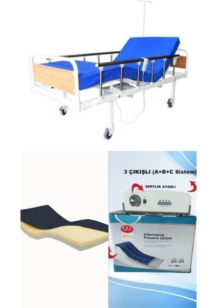 2 Motorlu Mdf Başlıklı Tabanca Korkuluklu Hasta Karyolası + Visco Yatak+ 3 Çıkışlı Abc Sistemli Boru Tipi Havalı Yatak Takım