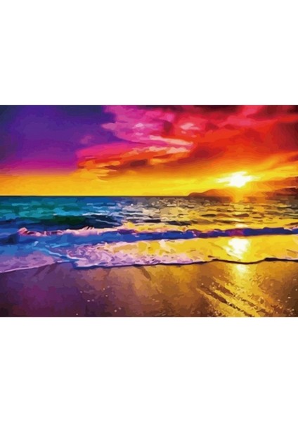 Sahilde Gün Batımı 1 Sayılarla Boyama Seti Kasnaklı