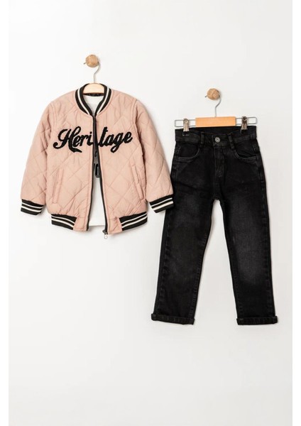 (5-8 Yaş) Kolej Yaka Ceketli Erkek Çocuk Kapitone Montlu 3 lü takım - Bej