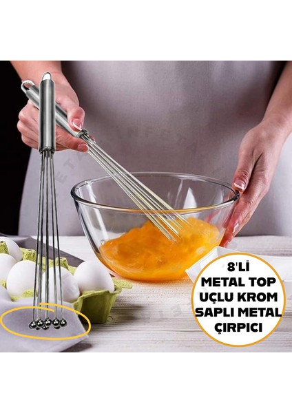 Metal Çırpıcı 8'li Metal Top Uçlu Krom Saplı Çırpıcı, Metal Kek Yumurta Çırpıcı