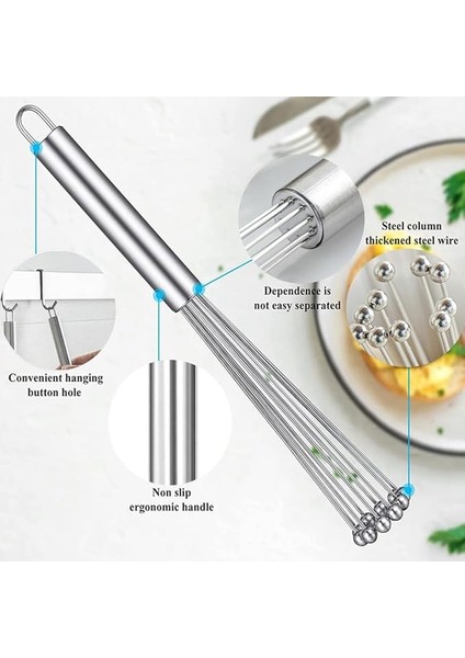 Metal Çırpıcı 8'li Metal Top Uçlu Krom Saplı Çırpıcı, Metal Kek Yumurta Çırpıcı