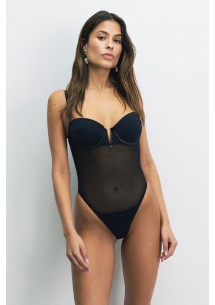 Viola Destekli Push Up Tül Bodysuit Siyah