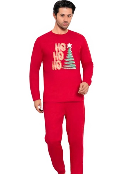 Baskılı Pamuk Erkek Yeni Yıl Pijama Takımı (Ho Ho Ho)